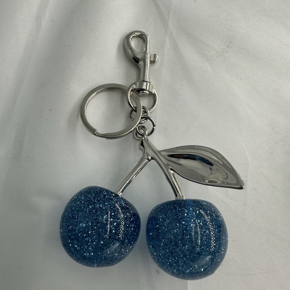 Blue Glitter Cherry Keychain Silver Tone Bag Charm Pendant - Luxury Bag Charm